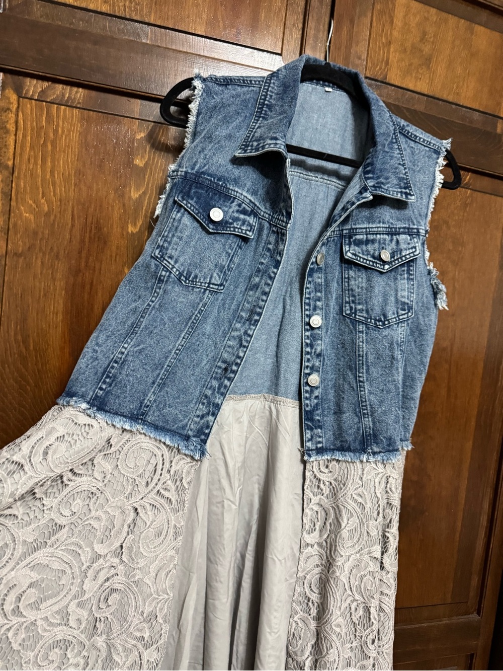 Boho Lace Denim Vest Tunic • Distressed Irregular Hem Lagenlook L